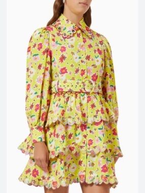 Celia B Yellow Floral long sleeve dress with belt